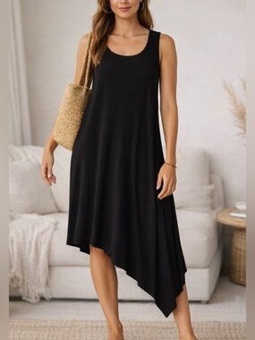 NWT Kathy Landau Asymmetrical Tank Dress XS Black Travel Dress On-The-Go Style